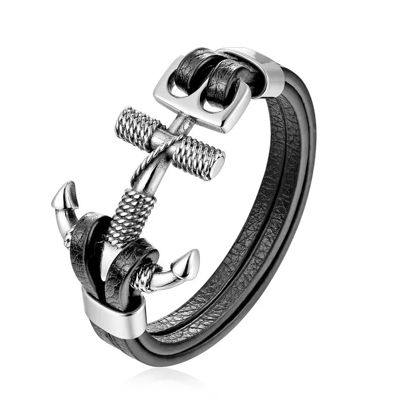 YIZIZAI Genuine Leather Anchor Bracelet Men Lion Double Wolf Shackles Stainless Steel Charm Bracelets Wristband Fashion Jewelry - Madeinsea©