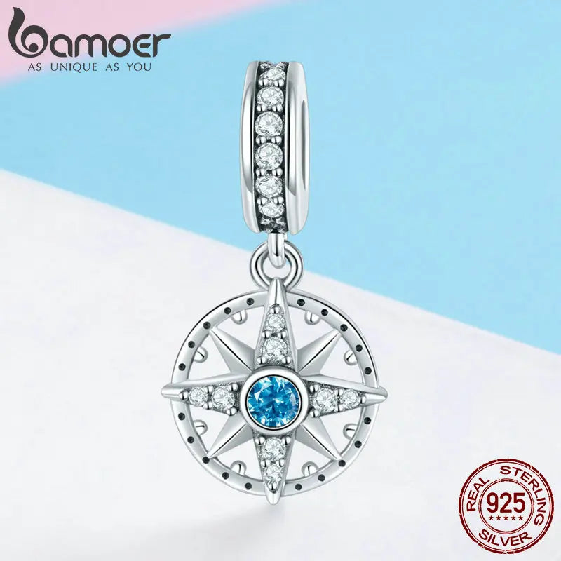 925 Sterling Silver Sparkling Nautical Compass Star Pendant for Bracelets & Necklaces
