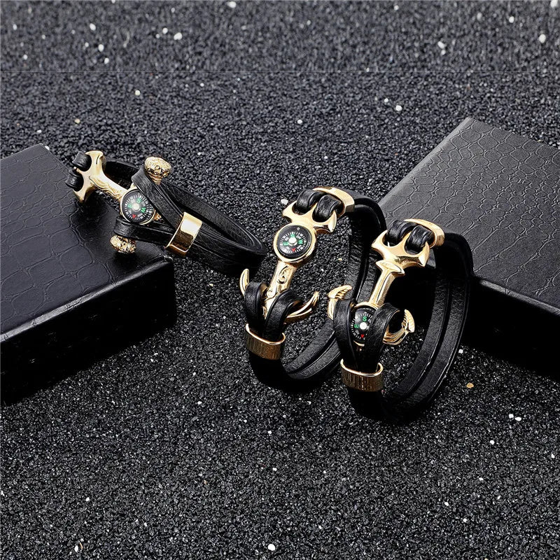 MKENDN High Quality Compass Stainless Steel Anchor Shackles Black Leather Bracelet Men Wristband Survival Sport Fashion Jewelry