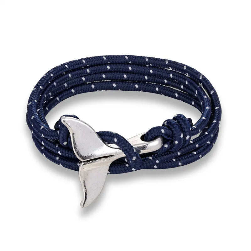 MKENDN Fashion Whale Tail Bracelets Men Women Charm Nautical Survival Multilayers Rope Chain Paracord Bracelet Wrap Metal Hooks