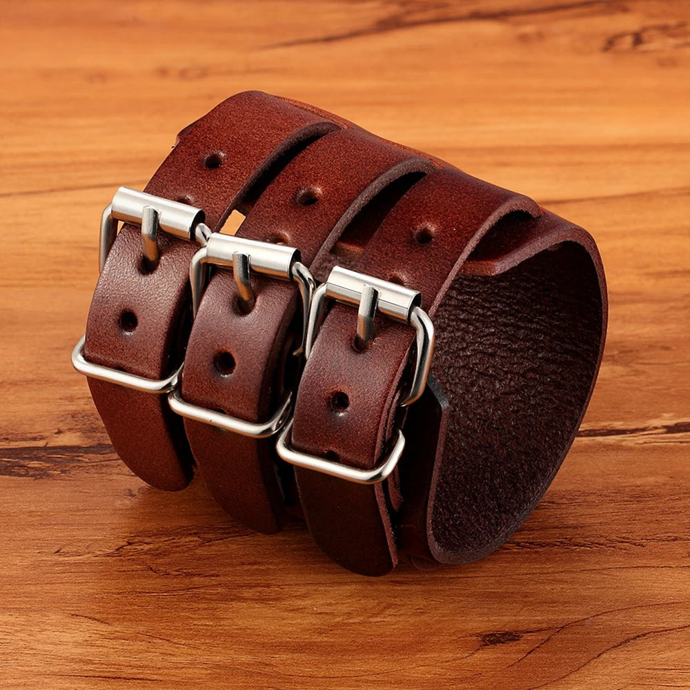 TYO Classic Men's Boys Adjustable Genuine Leather Cuff Bracelet Punk Rock Jewelry Black/Brown Three Layers Watch Bangles - Madeinsea©