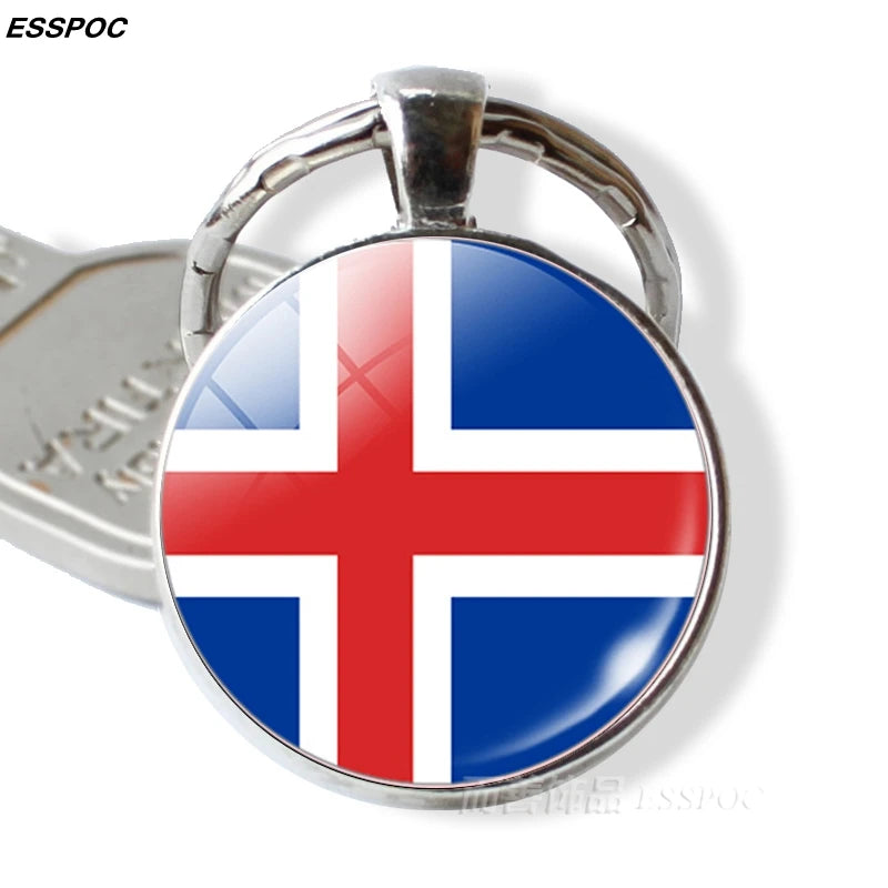 Nordic Europe Countries Flag Key Chain Iceland Danish Finland Norway Sweden Flag Glass Cabochon Pendant Fashion Accessories Gift