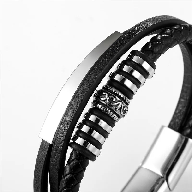 MKENDN Geometrically Irregular Graphics Stainless Steel Genuine Leather Bracelet Men Black/Brown Color Accessories Jewelry