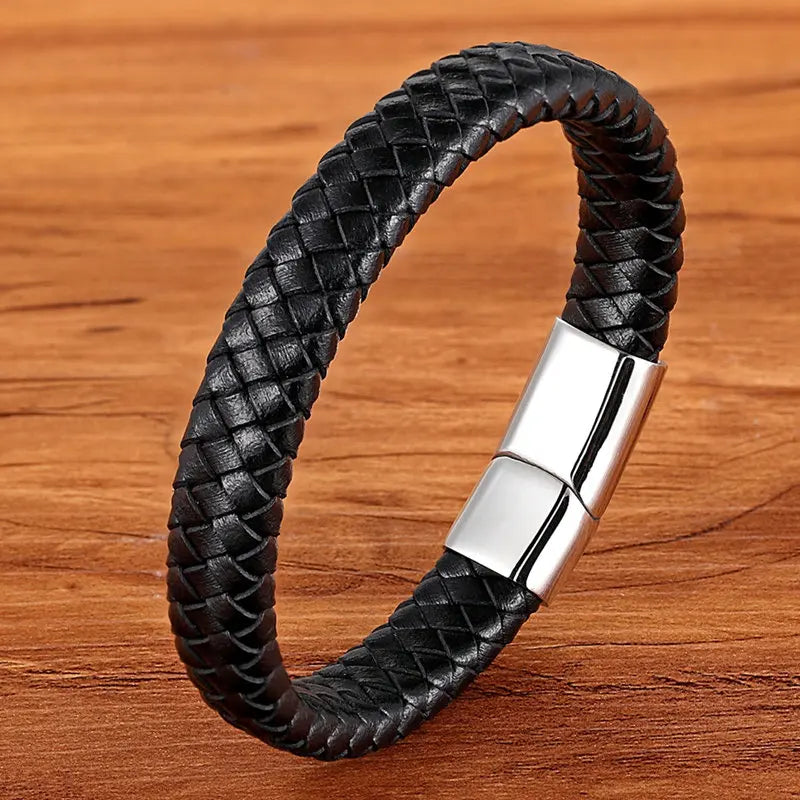 TYO Classic Top quality Stainless Steel Gold Color Magnetic Clasp Brown Woven Real Leather Bracelet Man Boys Birthday Gifts