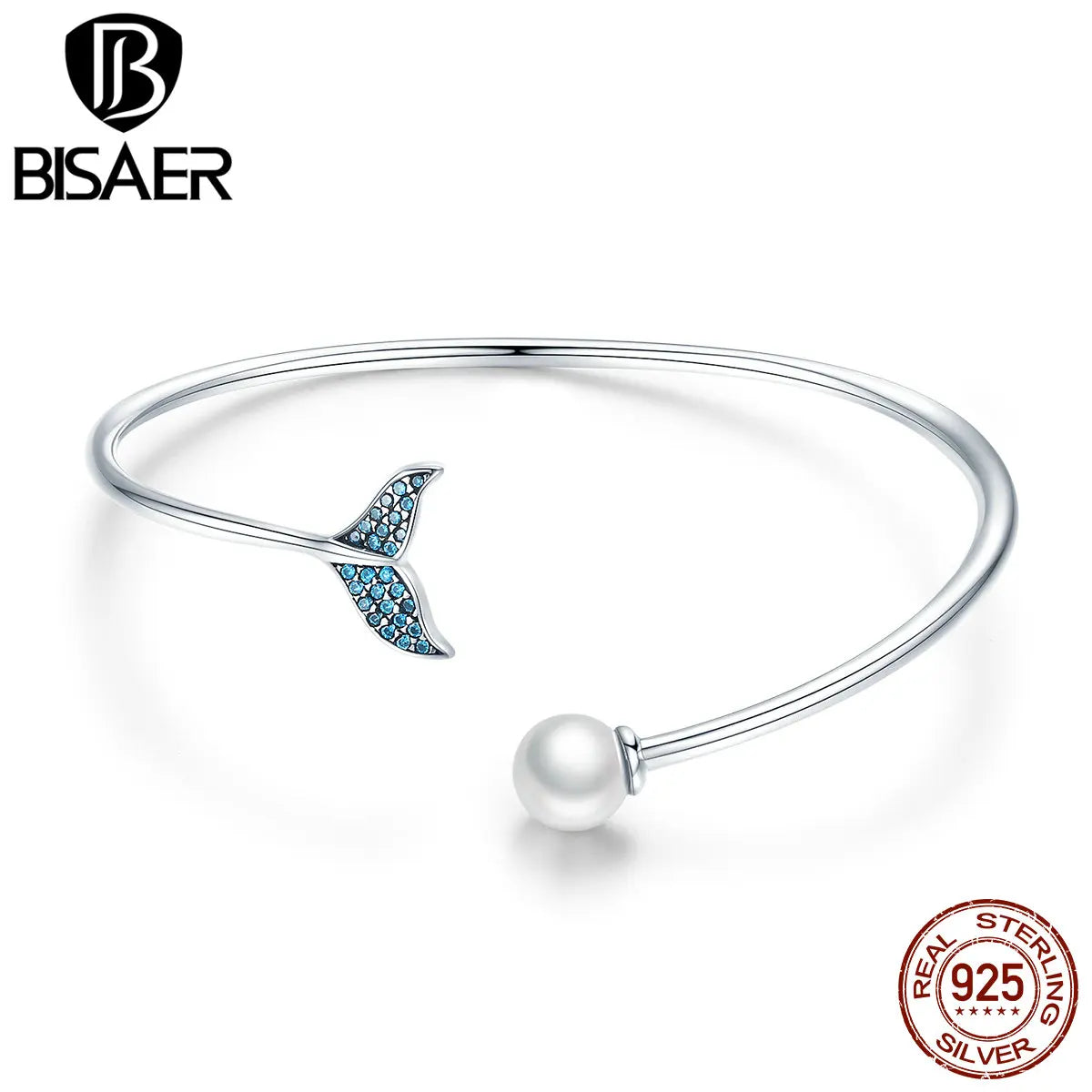 BISAER Bracelets ouverts en argent sterling 925 en forme de queue de sirène avec perles pour femmes, bijoux originaux, cadeaux de vacances
