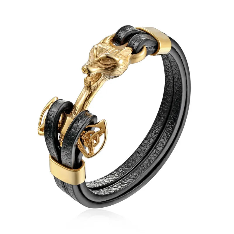 YIZIZAI Genuine Leather Anchor Bracelet Men Lion Double Wolf Shackles Stainless Steel Charm Bracelets Wristband Fashion Jewelry - Madeinsea©
