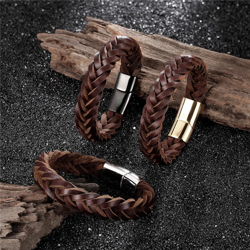 MKENDN 2021 Fashion Stainless Steel Chain Genuine Leather Bracelet Men Vintage Simple Male Braid Jewelry for women - Madeinsea©