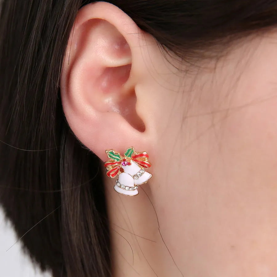 Women Enamel Bell Earrings Rhinestone Christmas Stud Earrings Female Girls Christmas New Year Gifts