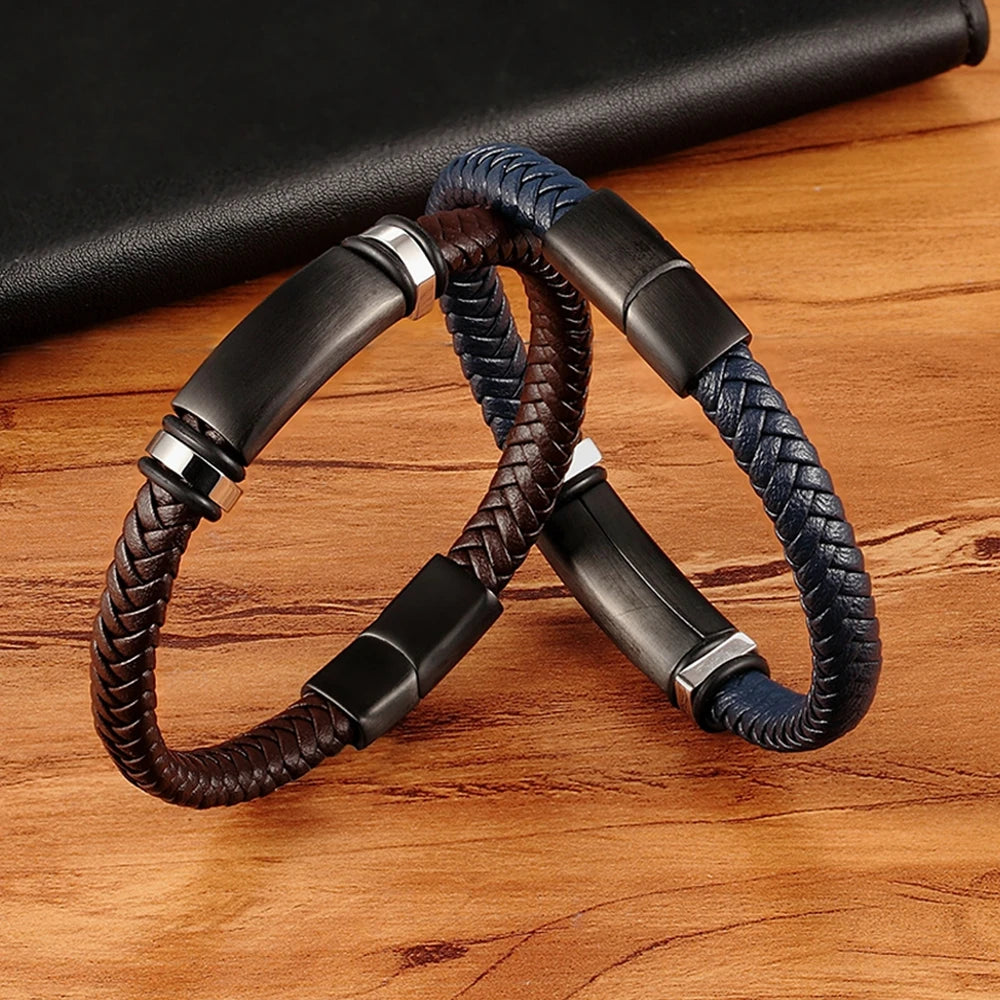TYO Custom Stainless Steel Black Matte Metal Charm Men's Handmade Braided Real Leather Boyfriend Bracelet with Magnetic Clasp