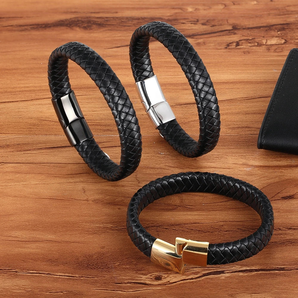 TYO Classic Top quality Stainless Steel Gold Color Magnetic Clasp Brown Woven Real Leather Bracelet Man Boys Birthday Gifts