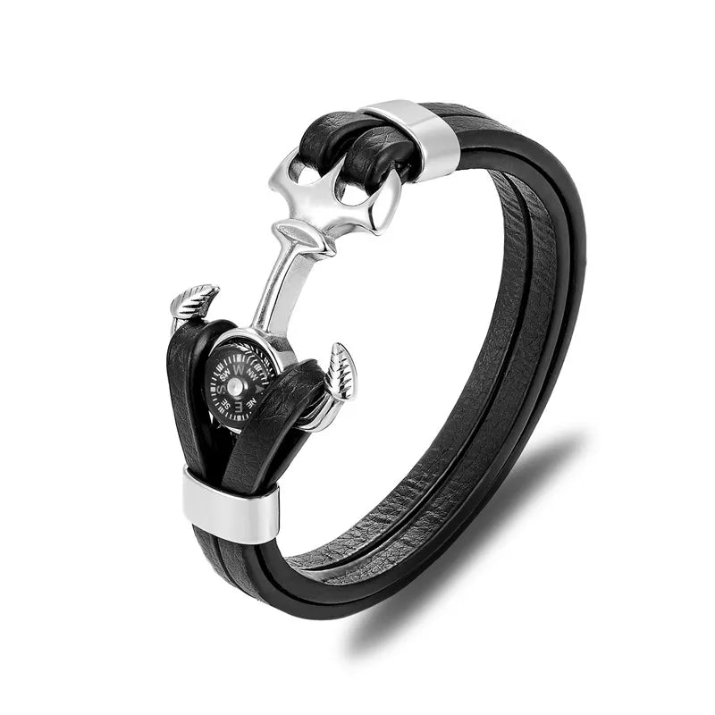 MKENDN High Quality Compass Stainless Steel Anchor Shackles Black Leather Bracelet Men Wristband Survival Sport Fashion Jewelry