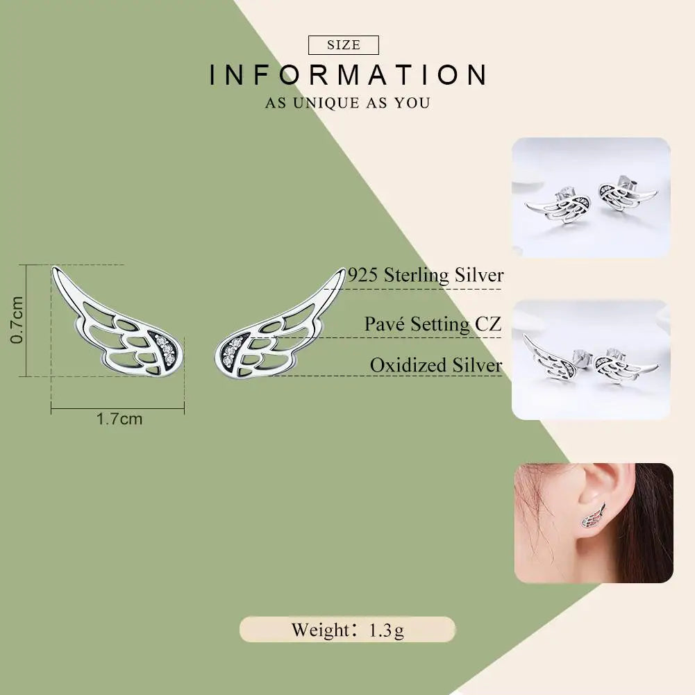 Genuine 925 Sterling Silver Feather Fairy Wings Stud Earrings Silver for Women Fashion Silver Jewelry Christmas SCE343 - Madeinsea©