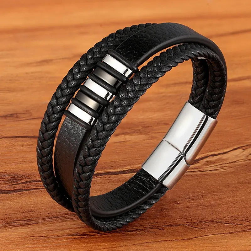TYO Fashion Stainless Steel Charm Magnetic Black Men Bracelet Leather Genuine Braided Punk Rock Bangles Jewelry Accessories - Madeinsea©