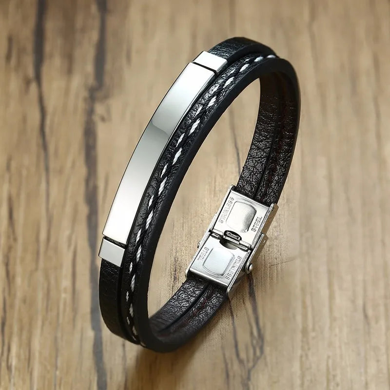Vnox Unique Sew Lines Genuine Leather Bracelets for Men Women Stainless Steel Bar Layered Bangle Causal Pulseira - Madeinsea©