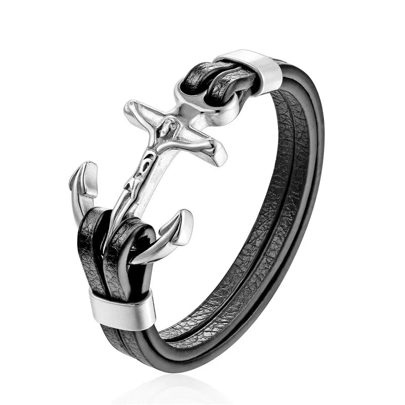 MKENDN New Arrival Mens Bracelets Angel Stainless Steel Skull Shackles Black Leather Bracelet Men Wristband Fashion Jewelry