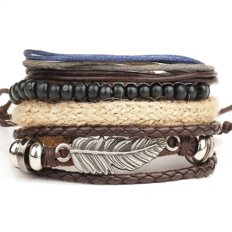 MKENDN Wholesale 4PCS/Set leather bracelet Men multi-layer bead bracelet women's retro punk casual men jewelry bracelet jewelry