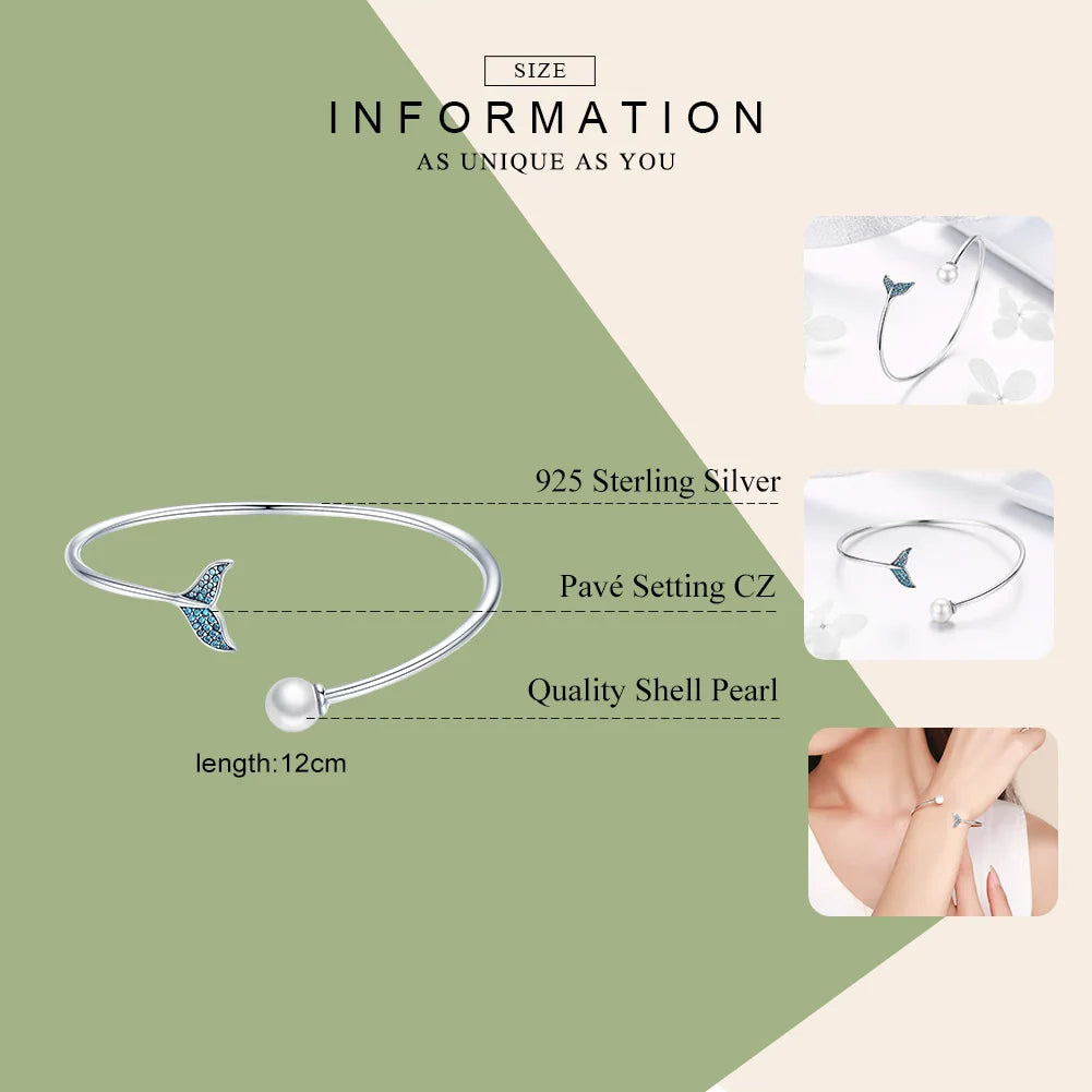 BISAER Bracelets ouverts en argent sterling 925 en forme de queue de sirène avec perles pour femmes, bijoux originaux, cadeaux de vacances