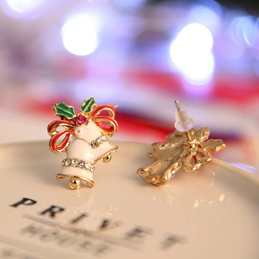 Women Enamel Bell Earrings Rhinestone Christmas Stud Earrings Female Girls Christmas New Year Gifts