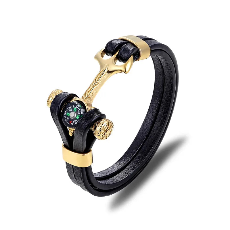 MKENDN High Quality Compass Stainless Steel Anchor Shackles Black Leather Bracelet Men Wristband Survival Sport Fashion Jewelry