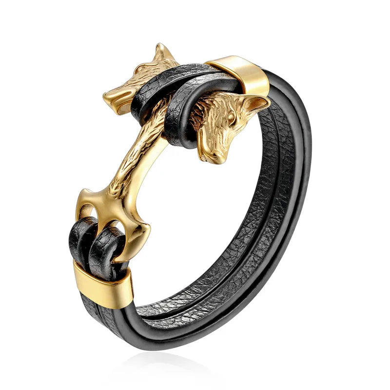 YIZIZAI Genuine Leather Anchor Bracelet Men Lion Double Wolf Shackles Stainless Steel Charm Bracelets Wristband Fashion Jewelry - Madeinsea©