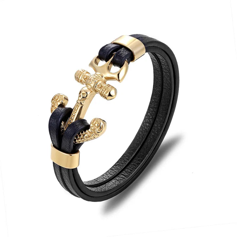 MKENDN New Arrival Mens Bracelets Angel Stainless Steel Skull Shackles Black Leather Bracelet Men Wristband Fashion Jewelry