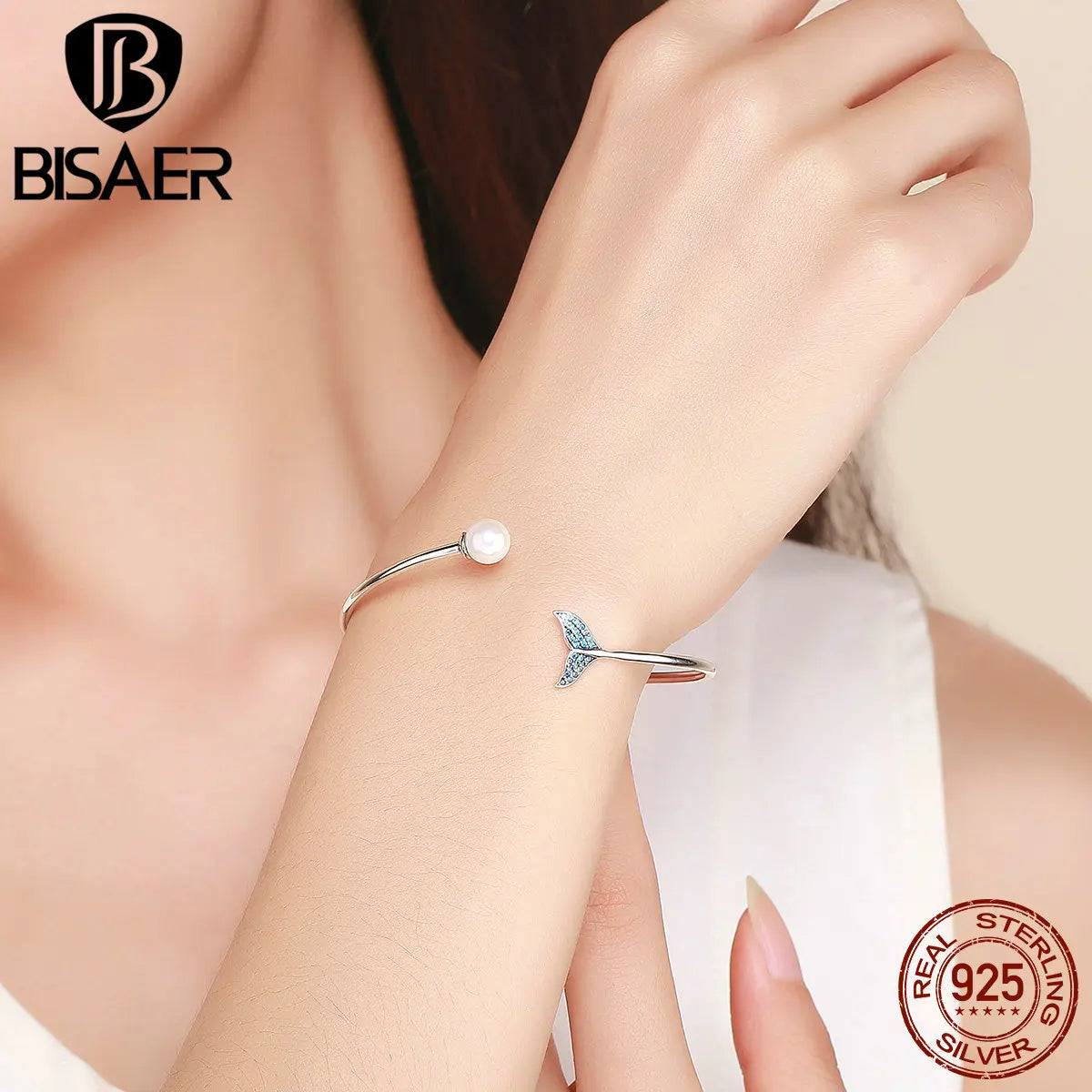 BISAER Bracelets ouverts en argent sterling 925 en forme de queue de sirène avec perles pour femmes, bijoux originaux, cadeaux de vacances