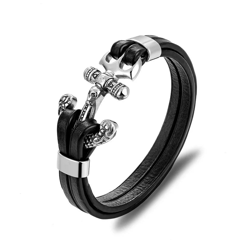 MKENDN New Arrival Mens Bracelets Angel Stainless Steel Skull Shackles Black Leather Bracelet Men Wristband Fashion Jewelry