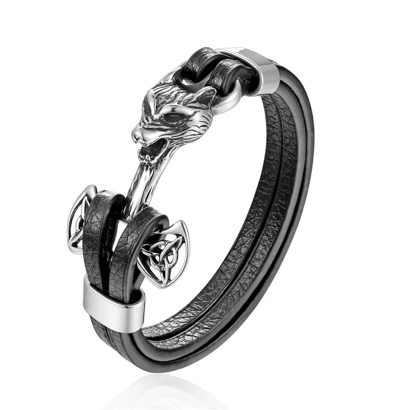 YIZIZAI Genuine Leather Anchor Bracelet Men Lion Double Wolf Shackles Stainless Steel Charm Bracelets Wristband Fashion Jewelry - Madeinsea©