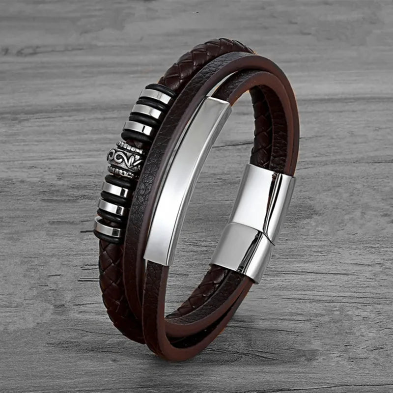 MKENDN Geometrically Irregular Graphics Stainless Steel Genuine Leather Bracelet Men Black/Brown Color Accessories Jewelry