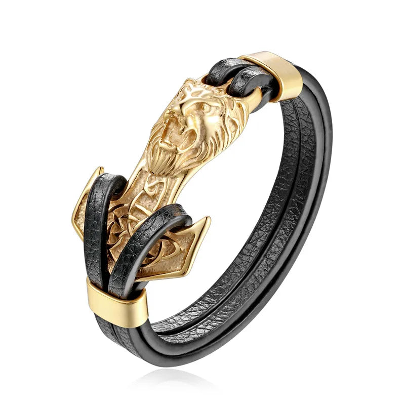 YIZIZAI Genuine Leather Anchor Bracelet Men Lion Double Wolf Shackles Stainless Steel Charm Bracelets Wristband Fashion Jewelry - Madeinsea©