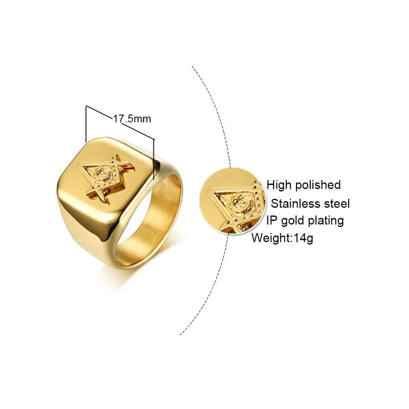 Vnox Gold Color Men's Masonic Compass Square Free Mason Ring High Polished Stainless Steel Big Male Ring Party Cool Jewelry