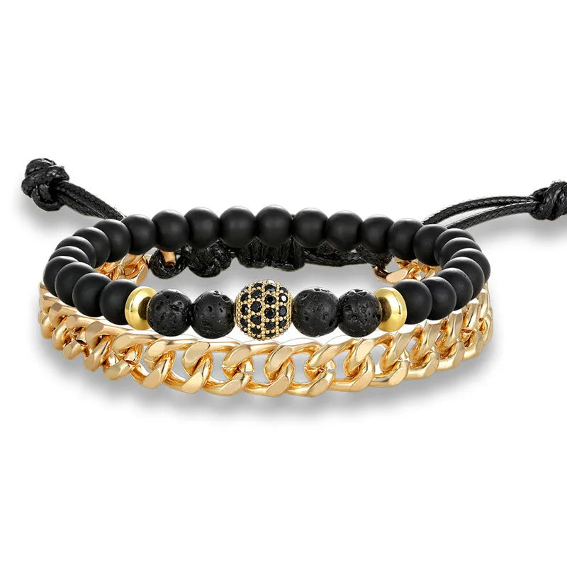 MKENDN 2Pcs/Set Natural Tiger Eye Men Women Stone Beads Pave CZ Beaded Bracelet Stainless Steel Cuban Link Chain Bracelets