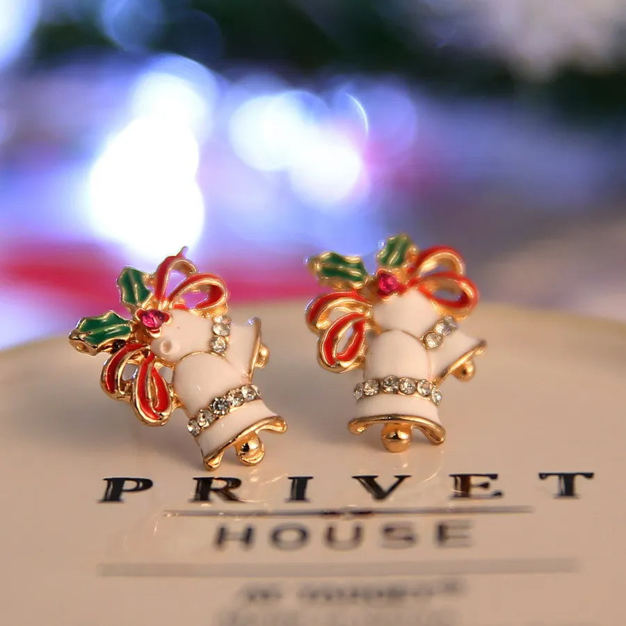 Women Enamel Bell Earrings Rhinestone Christmas Stud Earrings Female Girls Christmas New Year Gifts