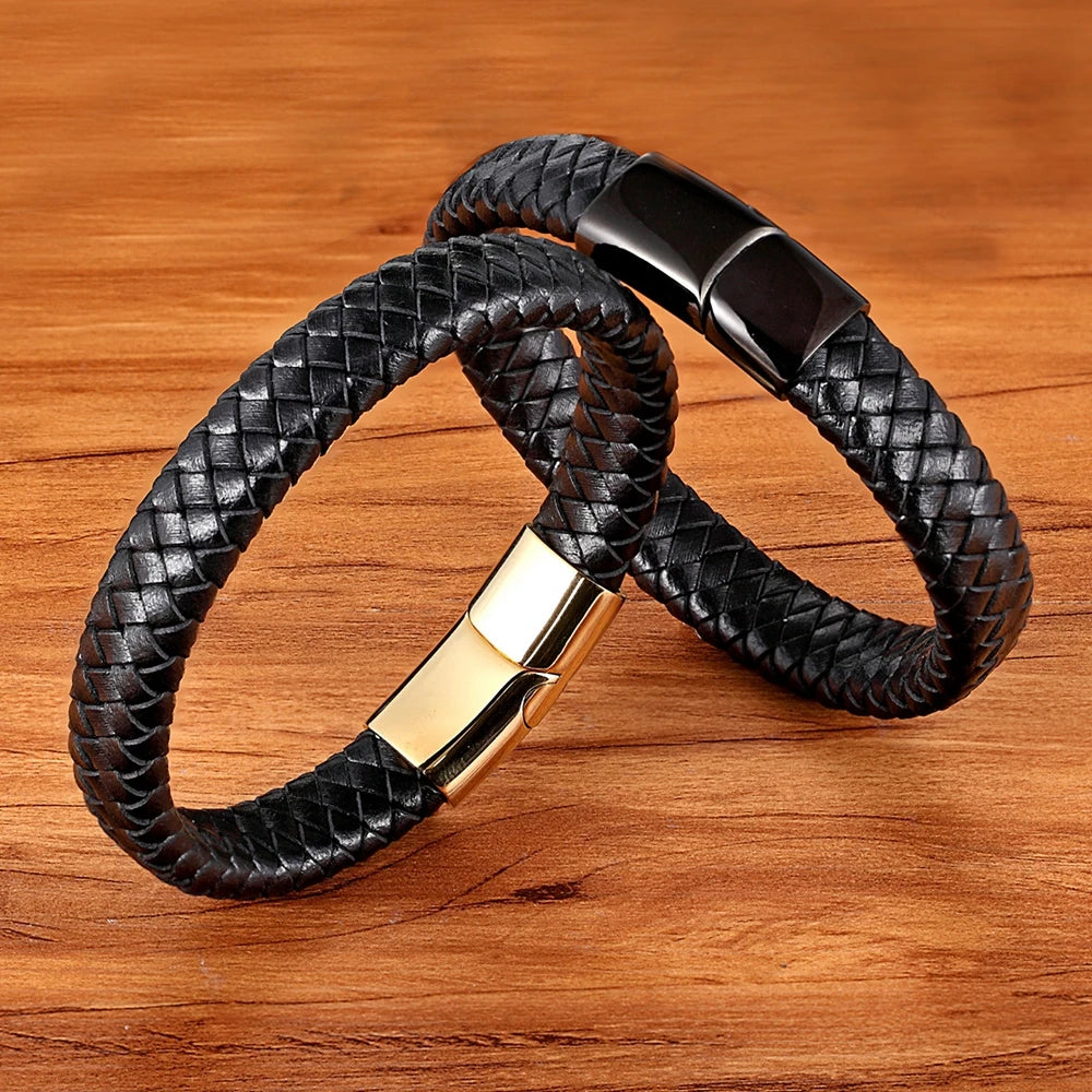 TYO Classic Top quality Stainless Steel Gold Color Magnetic Clasp Brown Woven Real Leather Bracelet Man Boys Birthday Gifts