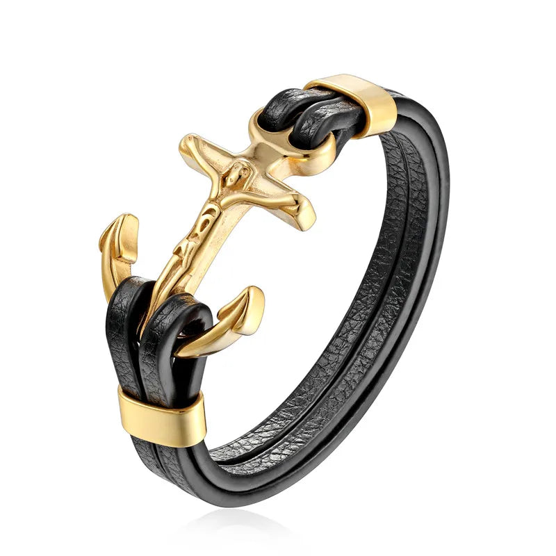YIZIZAI Genuine Leather Anchor Bracelet Men Lion Double Wolf Shackles Stainless Steel Charm Bracelets Wristband Fashion Jewelry - Madeinsea©