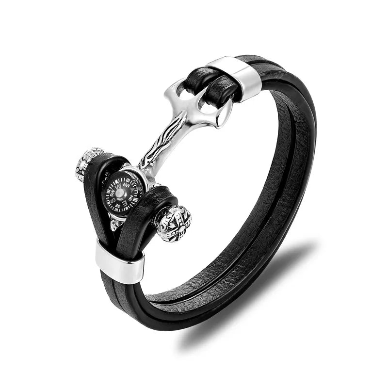 MKENDN High Quality Compass Stainless Steel Anchor Shackles Black Leather Bracelet Men Wristband Survival Sport Fashion Jewelry