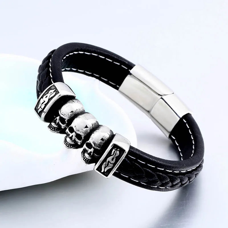 Beier new store Stainless Steel Three Skull Men's Bracelet Fashion Punk Stripe Leather Bracelet Gift dropshipping LLBC-L045C