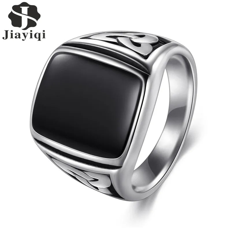 Jiayiqi Punk Titanium Steel Ring Big Black Stone Square Ring Men Silver Color For Male Jewelry Vintage Wedding Party Gift