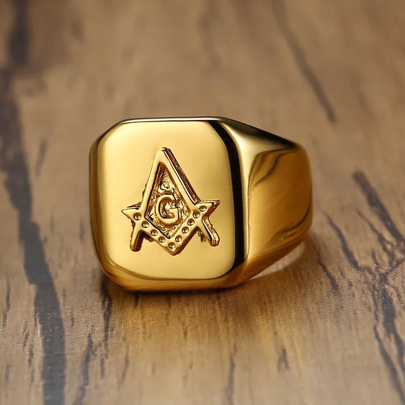 Vnox Gold Color Men's Masonic Compass Square Free Mason Ring High Polished Stainless Steel Big Male Ring Party Cool Jewelry