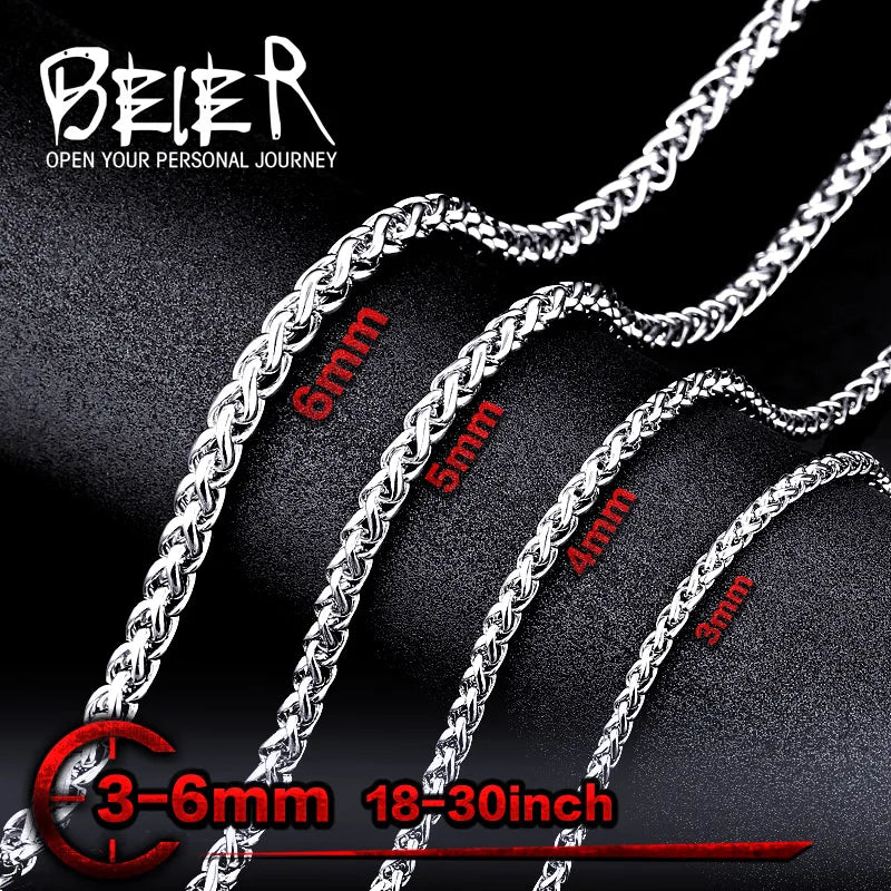 Beier 3mm/4mm/5mm/6mm Width 316L Stainless Steel Men Boy Wheat Link Necklace Chain Silver Color BN1006 ( 20-32 Inch ) - Madeinsea©