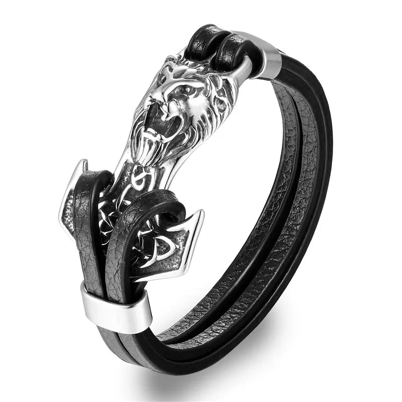 YIZIZAI Genuine Leather Anchor Bracelet Men Lion Double Wolf Shackles Stainless Steel Charm Bracelets Wristband Fashion Jewelry - Madeinsea©