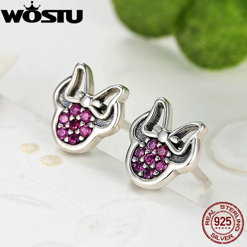 WOSTU Authentic 925 Sterling Silver Clear CZ Sparkling Minnie Stud Earrings For Women Girl Cute Animal Fine Jewelry Gift Making