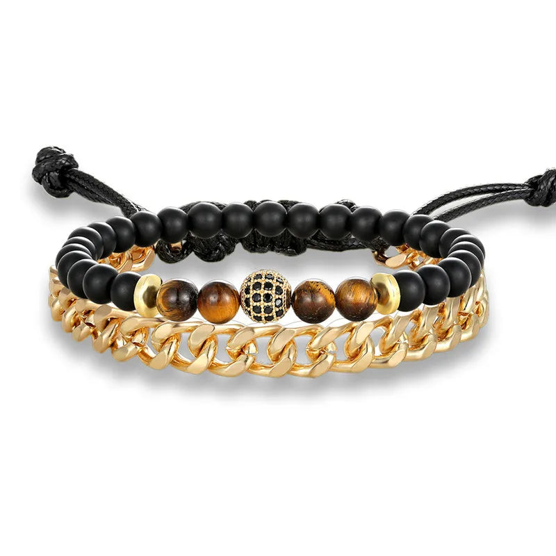 MKENDN 2Pcs/Set Natural Tiger Eye Men Women Stone Beads Pave CZ Beaded Bracelet Stainless Steel Cuban Link Chain Bracelets