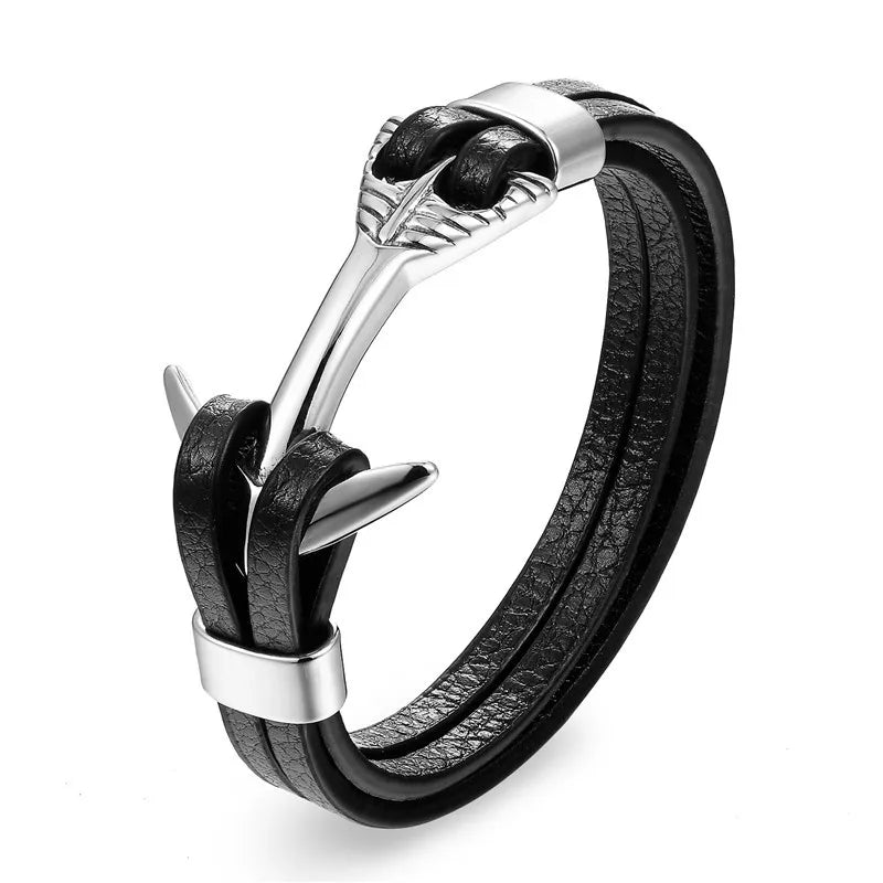 YIZIZAI Genuine Leather Anchor Bracelet Men Lion Double Wolf Shackles Stainless Steel Charm Bracelets Wristband Fashion Jewelry - Madeinsea©
