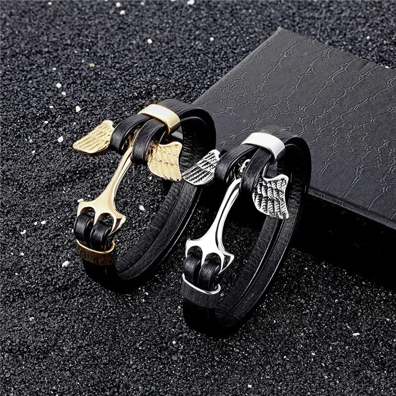 MKENDN New Arrival Mens Bracelets Angel Stainless Steel Skull Shackles Black Leather Bracelet Men Wristband Fashion Jewelry