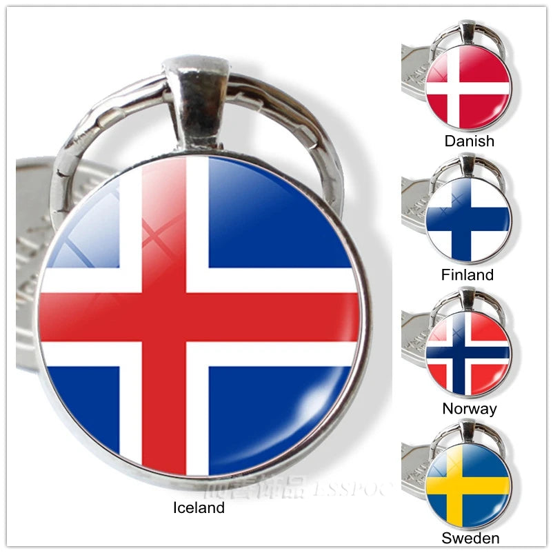 Nordic Europe Countries Flag Key Chain Iceland Danish Finland Norway Sweden Flag Glass Cabochon Pendant Fashion Accessories Gift