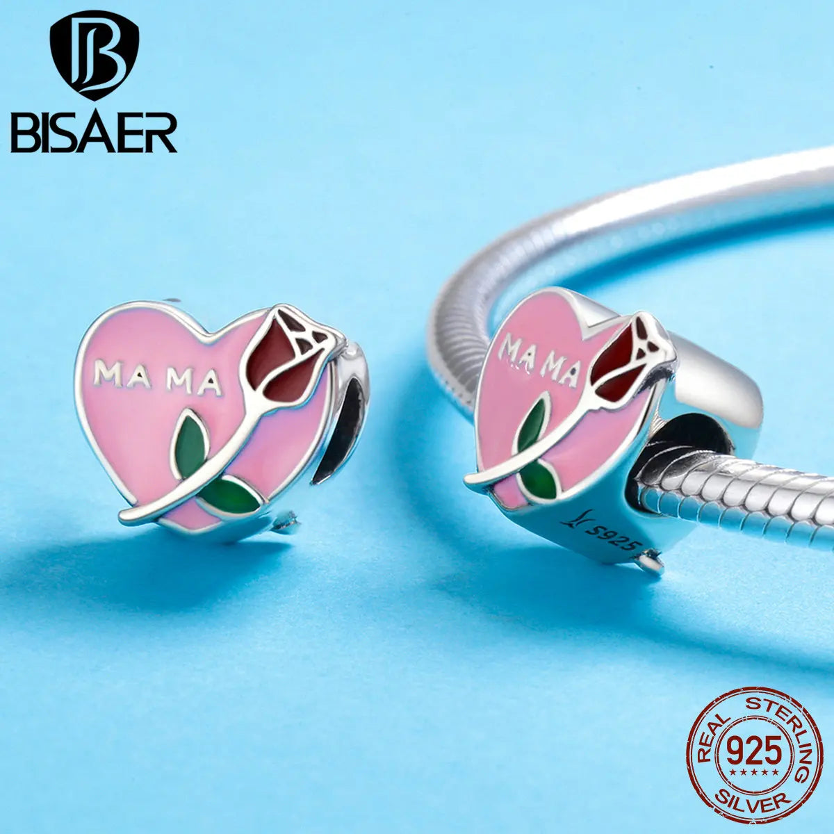 BISAER Authentique 925 Sterling Silver Mama Love Rose Flower To Mom Mother Gift Heart Beads Fit Bracelet 925 Silver Jewelry ECC652