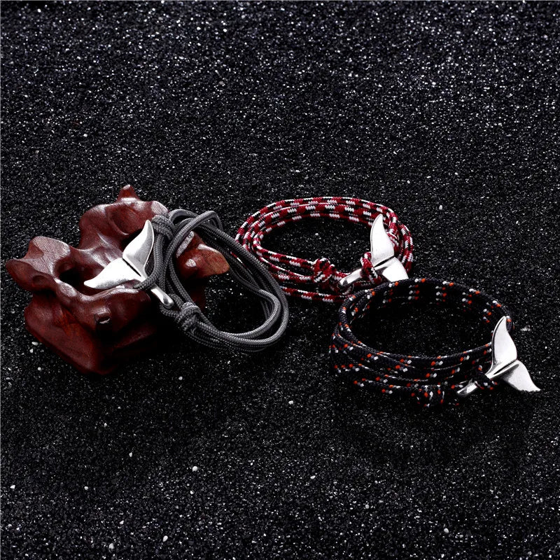 MKENDN Fashion Whale Tail Bracelets Men Women Charm Nautical Survival Multilayers Rope Chain Paracord Bracelet Wrap Metal Hooks