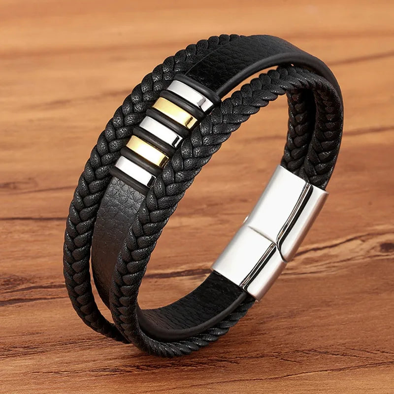 TYO Fashion Stainless Steel Charm Magnetic Black Men Bracelet Leather Genuine Braided Punk Rock Bangles Jewelry Accessories - Madeinsea©