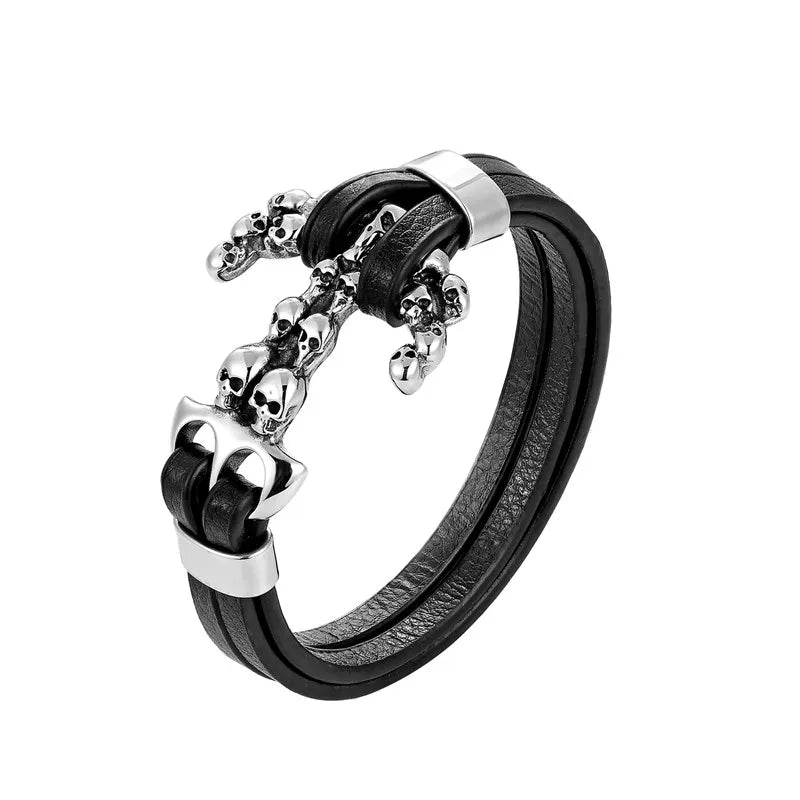 MKENDN New Arrival Mens Bracelets Angel Stainless Steel Skull Shackles Black Leather Bracelet Men Wristband Fashion Jewelry